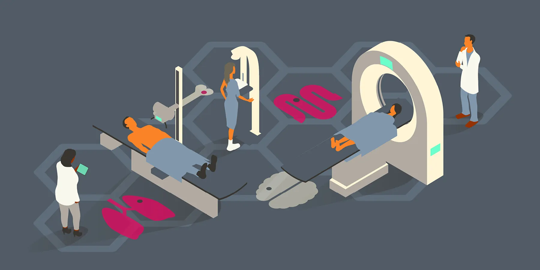 Are Risk-Based MCED Tests the Future of Cancer Screening? In a vector illustration, a man undergoes an X-ray procedure, a woman receives a mammogram, and another receives a PET or MRI scan, while a diverse pair of clinicians observe.