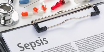 The word Sepsis written on a clipboard is set against a background having a stethoscope, pills, and syringes.