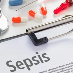 The word Sepsis written on a clipboard is set against a background having a stethoscope, pills, and syringes.