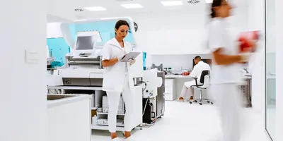 Scientists working in the laboratory surrounded by large equipment.