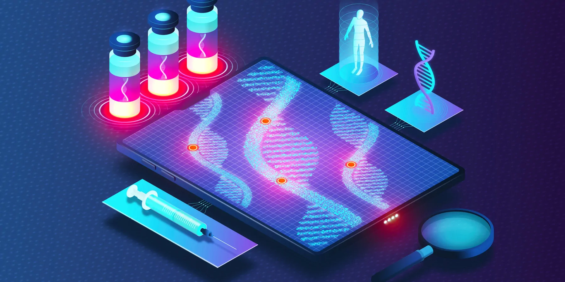 3D illustration showing mRNA molecules on a tablet device surrounded by vectors of a syringe, vials, magnifying lens, and human DNA helix.
