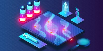 3D illustration showing mRNA molecules on a tablet device surrounded by vectors of a syringe, vials, magnifying lens, and human DNA helix.