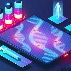 3D illustration showing mRNA molecules on a tablet device surrounded by vectors of a syringe, vials, magnifying lens, and human DNA helix.