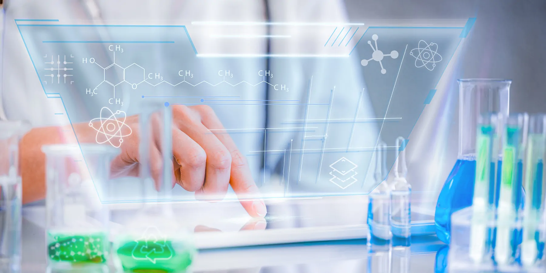 A researcher surrounded by lab glassware touches a digital tablet as vectors of clinical chemistry and physics appear in foreground.