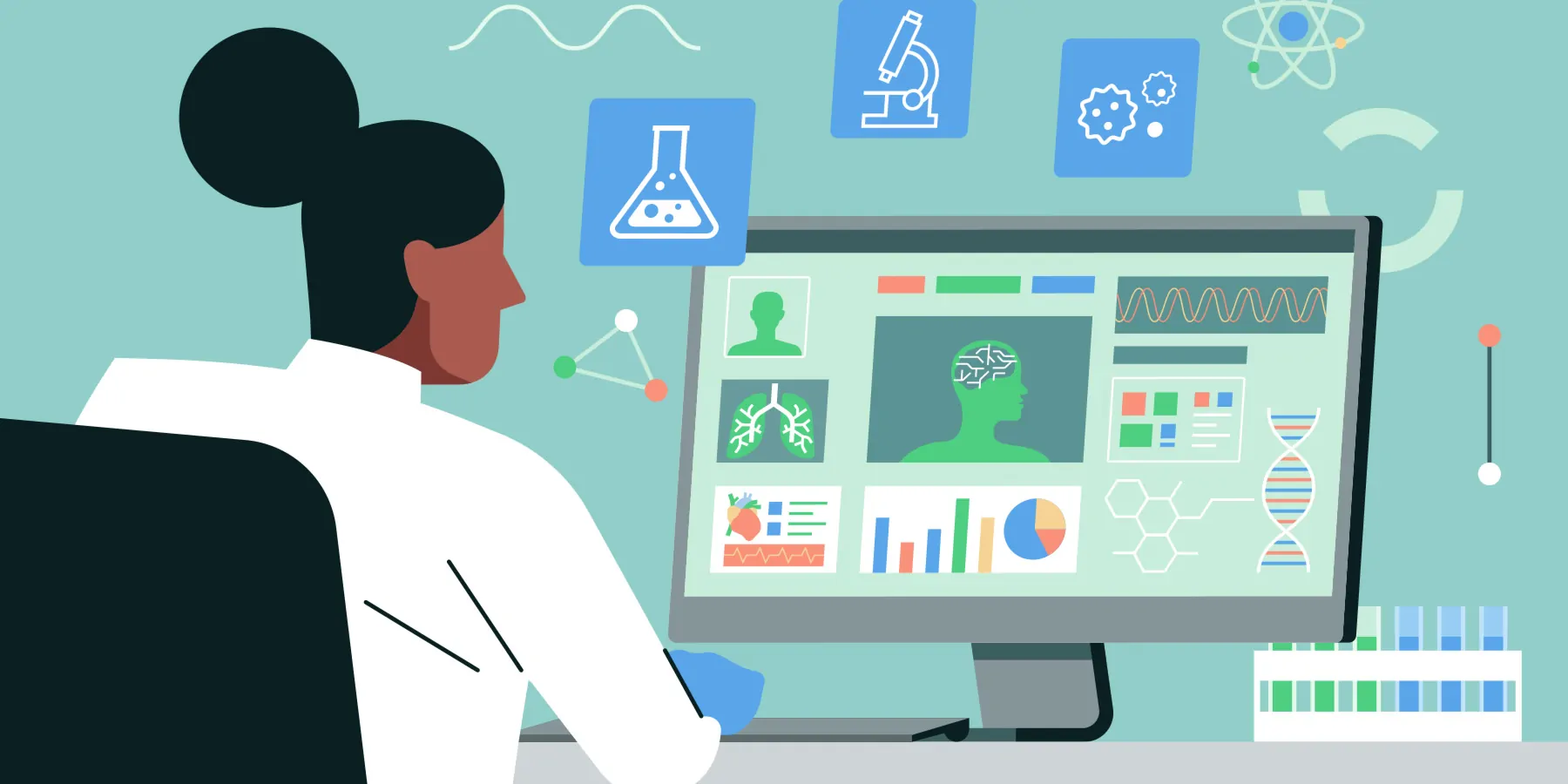 Vector illustration of a female scientist works on the computer in the laboratory with a microscope and beaker icon, equipment, and test tubes on the desk.