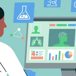 Vector illustration of a female scientist works on the computer in the laboratory with a microscope and beaker icon, equipment, and test tubes on the desk.