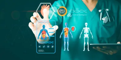 A clinician points to a vector of human heart on a virtual screen that's surrounded by vectors of AI and human anatomy.
