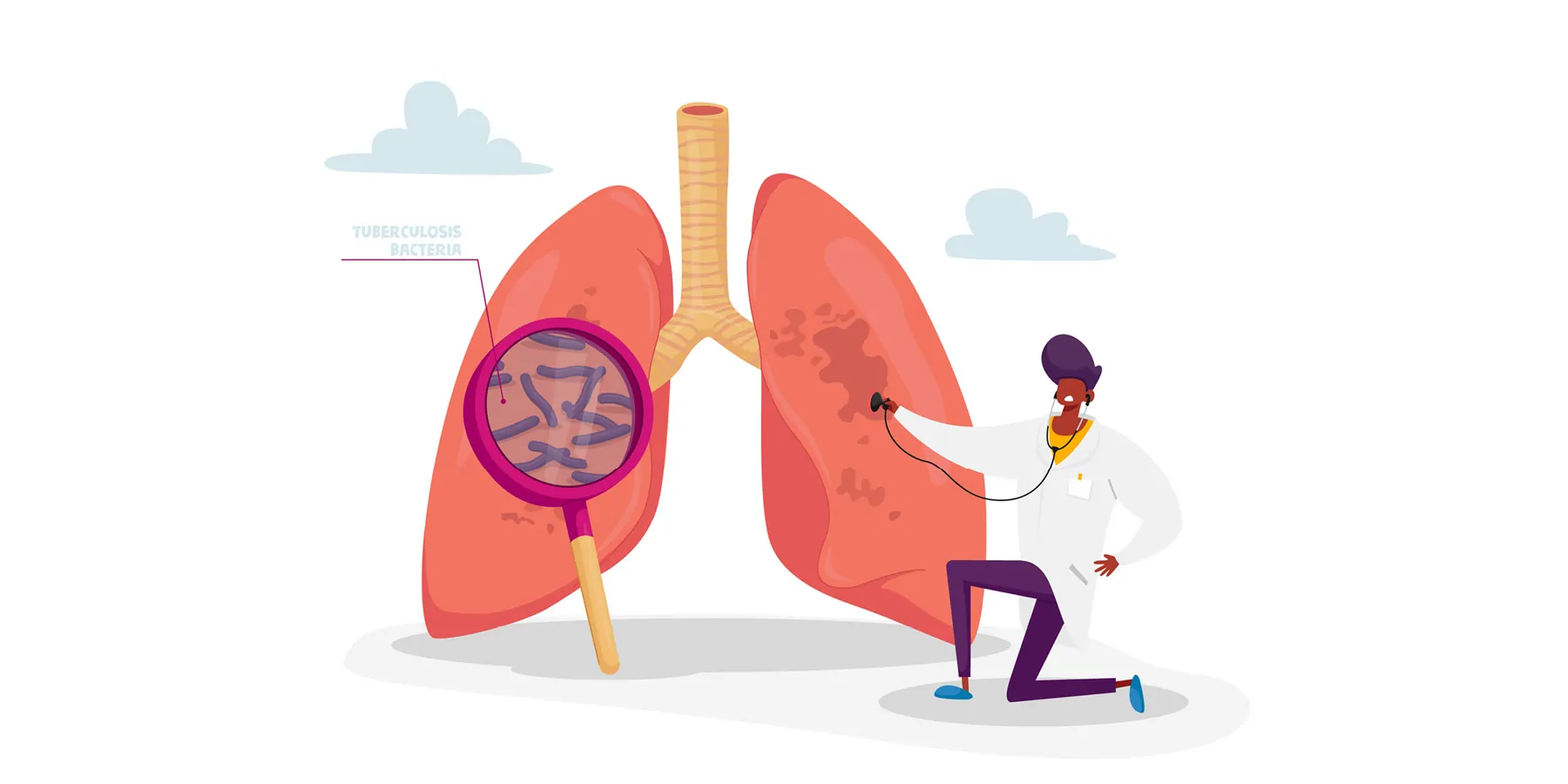 A vector illustration with a clinician checking human lungs with magnifying glass.