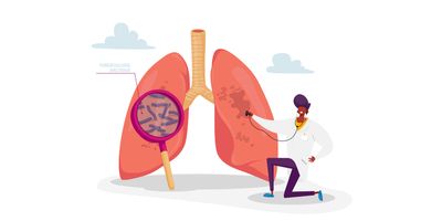 A vector illustration with a clinician checking human lungs with magnifying glass.