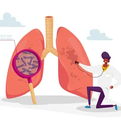 A vector illustration with a clinician checking human lungs with magnifying glass.
