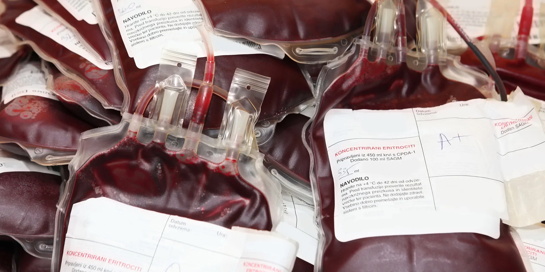 Unused, labeled blood bags in a pile.