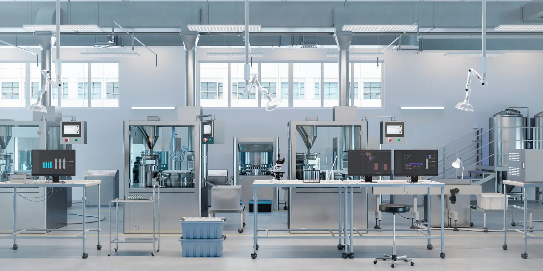 3D render of a laboratory and manufacturing facility with scientific monitors on desks. 