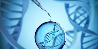 3D illustration of a digital screen with DNA double helix and sequencing ATGC data background.