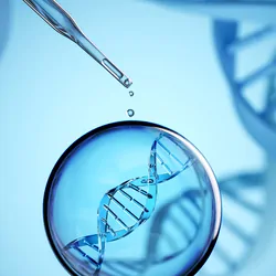 3D illustration of a digital screen with DNA double helix and sequencing ATGC data background.