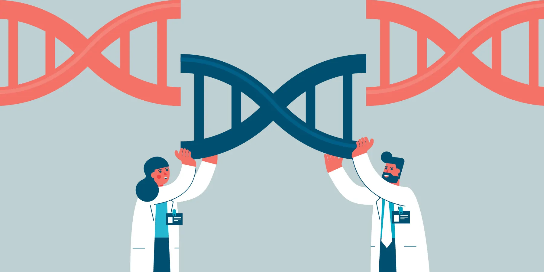 Vector illustration of a pair of female and male researchers hold a DNA double helix sequence showing gene therapy.