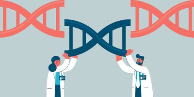 Vector illustration of a pair of female and male researchers hold a DNA double helix sequence showing gene therapy.