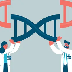 Vector illustration of a pair of female and male researchers hold a DNA double helix sequence showing gene therapy.