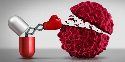 Graphic illustration of a cancer drug capsule punching a cancerous cell.