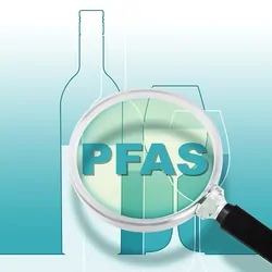 Graphic illustration of per- and poly-fluoroalkyl substances in bottled drinking water examined with a magnifying glass.