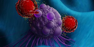 3D illustration of T cells attacking a cancer cell.