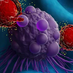 3D illustration of T cells attacking a cancer cell.
