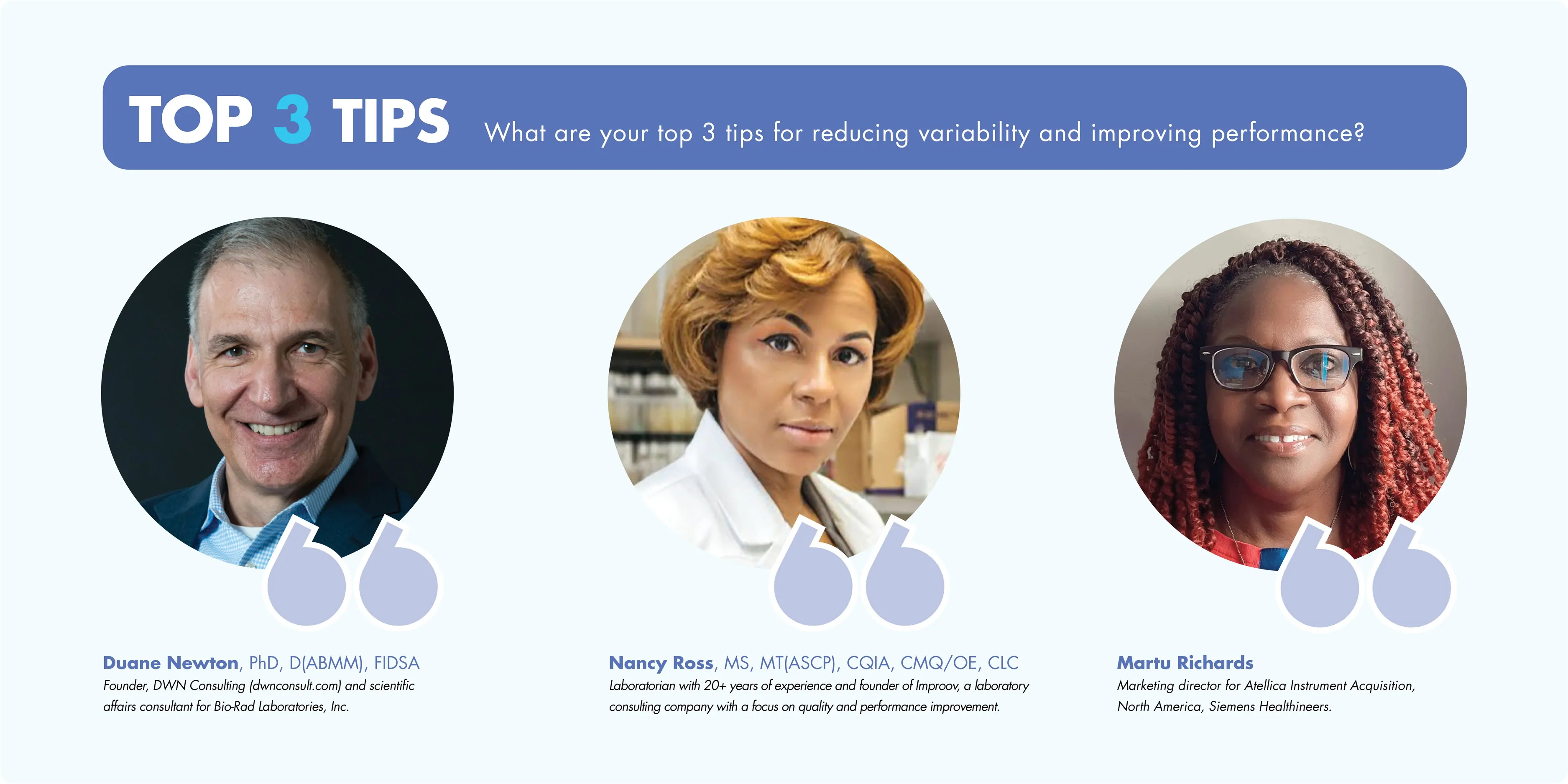 Banner that includes portraits of all three top experts, Duane Newton, PhD, D(ABMM), FIDSA, Martu Richards, Nancy Ross, MS, MT(ASCP), CQIA, CMQ/OE, CLC.