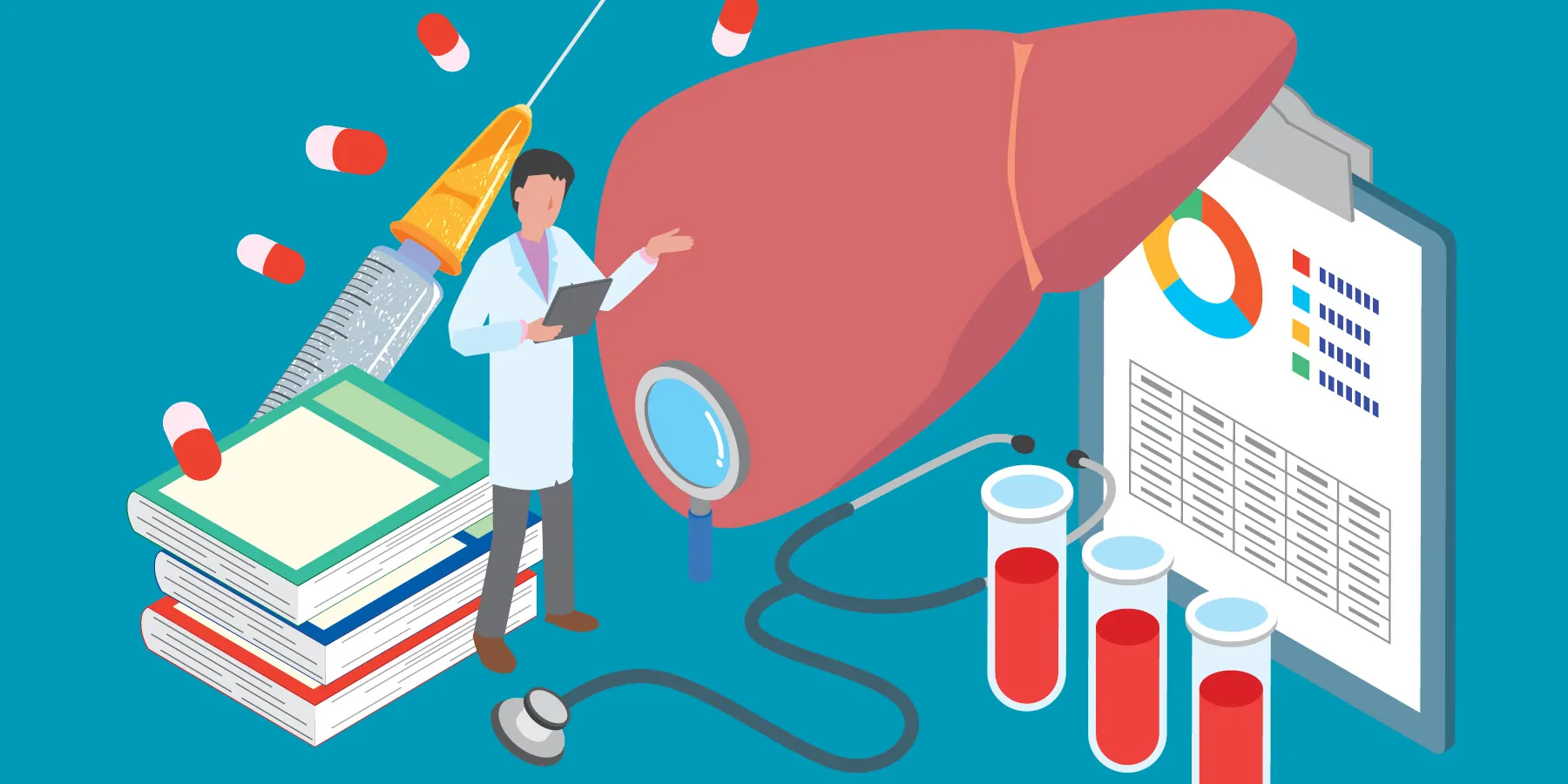 Vector illustration of clinician exploring liver testing options, blood tests, capsules, and research books and clipboard with a donut chart.