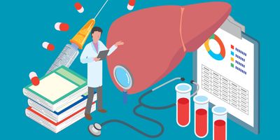 Vector illustration of clinician exploring liver testing options, blood tests, capsules, and research books and clipboard with a donut chart.