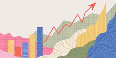 Illustration of charts and data with an upwards trending arrow on an abstract background.