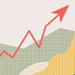 Illustration of charts and data with an upwards trending arrow on an abstract background.