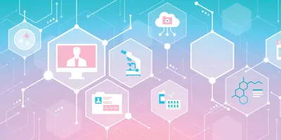 Illustration of different digital health and online cancer diagnostic and health services.