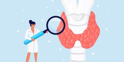 Vector illustration shows a female endocrinologist examining the human thyroid gland with a magnifying glass.