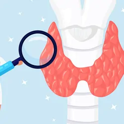 Vector illustration shows a female endocrinologist examining the human thyroid gland with a magnifying glass.