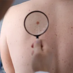 The male clinician looks at spots and moles on a patient's back through a magnifying glass.