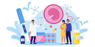 Vector illustration showing In vitro fertilization with a couple standing together, with artificial insemination, infertility, and reproductive health in focus. 