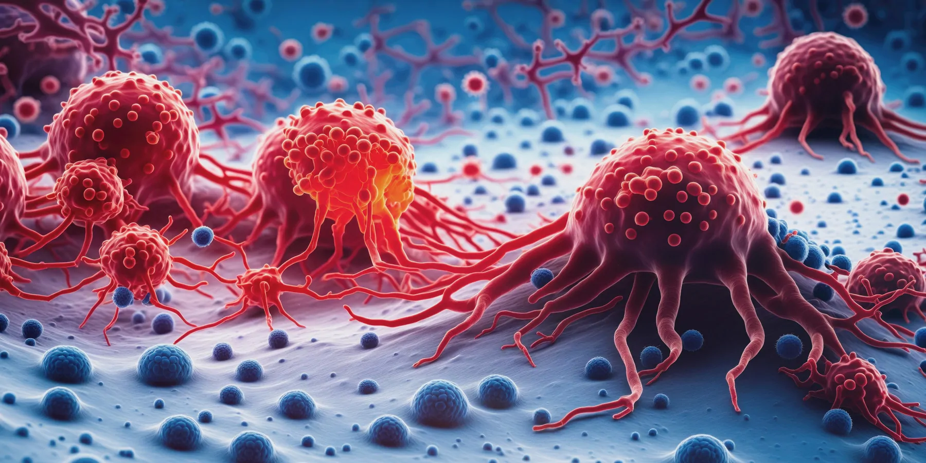3D rendering of enhanced scanning electron micrograph of cancer cells.