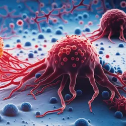 3D rendering of enhanced scanning electron micrograph of cancer cells.