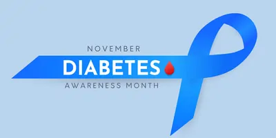 Banner with a blue ribbon and the words, November Diabetes Awareness Month.