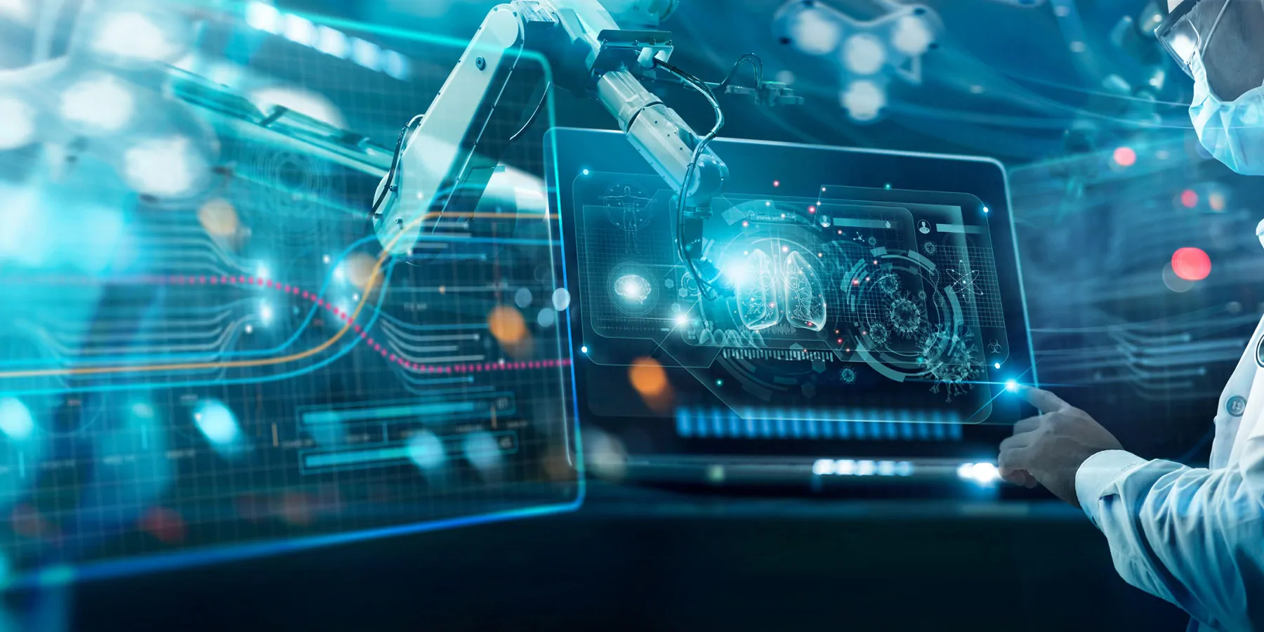 How Does AI Augment Predictive Cancer Research and Diagnosis? A female clinician wears virtual reality goggles and touches a virtual screen with icons and digital code.