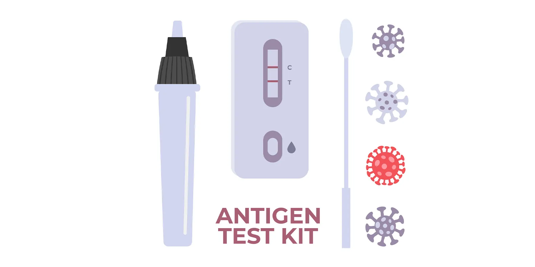 Vector illustration of a set of antigen testing kit elements like COVID-19 Testing kit, PCR, Antigen, Rapid Test.
