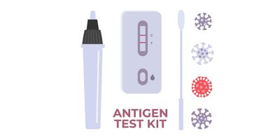 Vector illustration of a set of antigen testing kit elements like COVID-19 Testing kit, PCR, Antigen, Rapid Test.