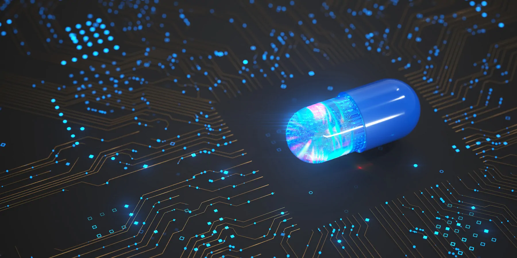 A futuristic drug capsule on a circuit indicating the use of AI in drug development.