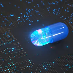 A futuristic drug capsule on a circuit indicating the use of AI in drug development.