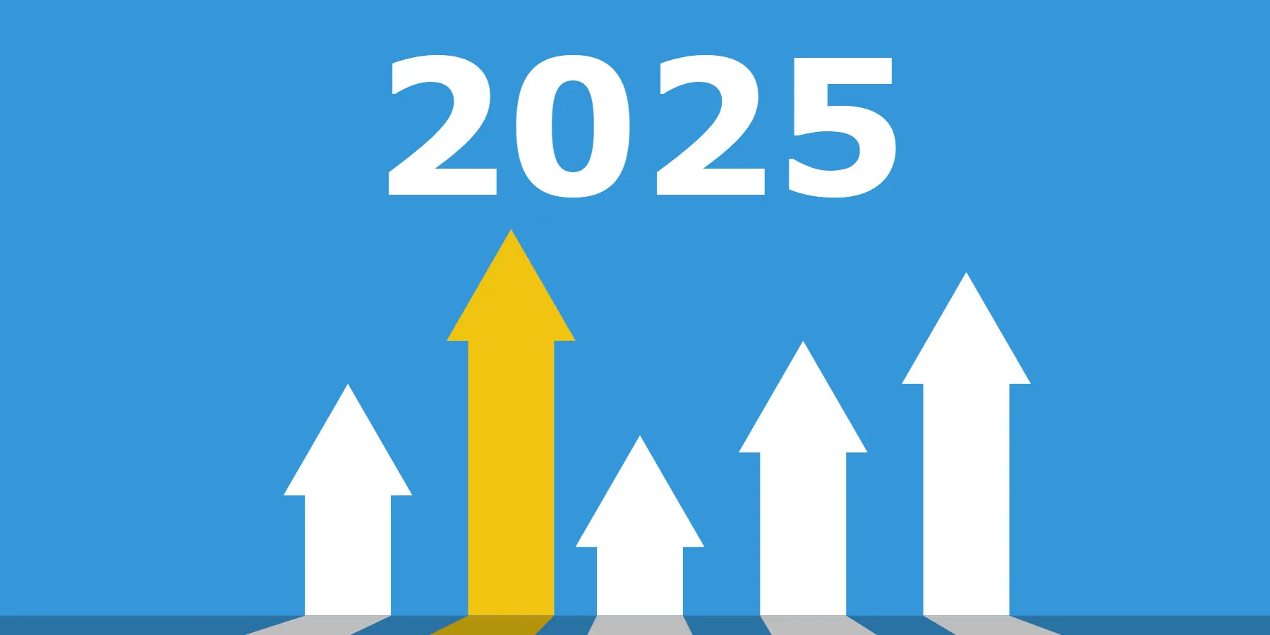 Illustration of arrows pointing towards the year "2025" on a blue background.