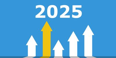 Illustration of arrows pointing towards the year "2025" on a blue background.