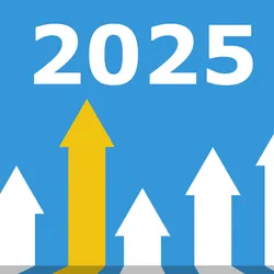 Illustration of arrows pointing towards the year "2025" on a blue background.