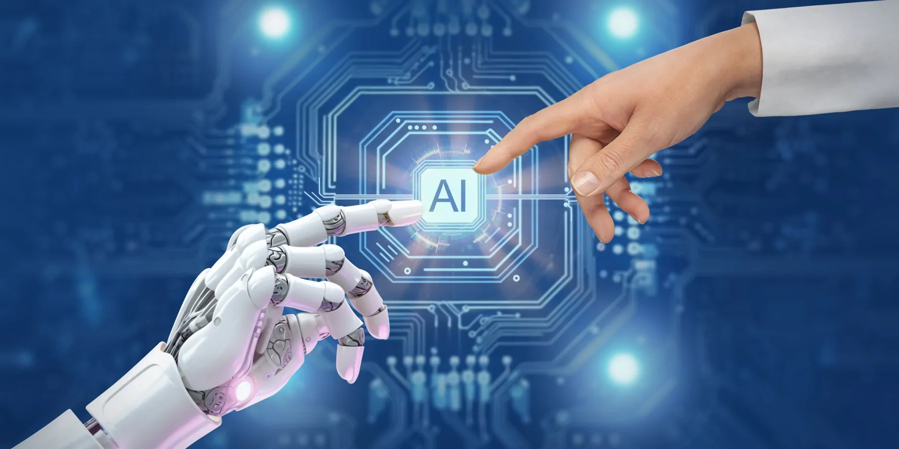 A white cyborg robotic hand pointing a finger to a human hand with a stretched finger against a background with circuits and "AI" written.