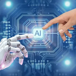 A white cyborg robotic hand pointing a finger to a human hand with a stretched finger against a background with circuits and "AI" written.