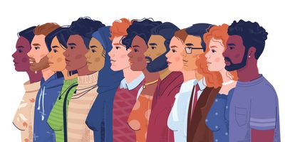 Diverse, multiracial, multicultural crowd of men and women, side view portraits.