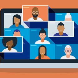 Illustration of a diverse group of friends or colleagues in a video conference on laptop computer screen.